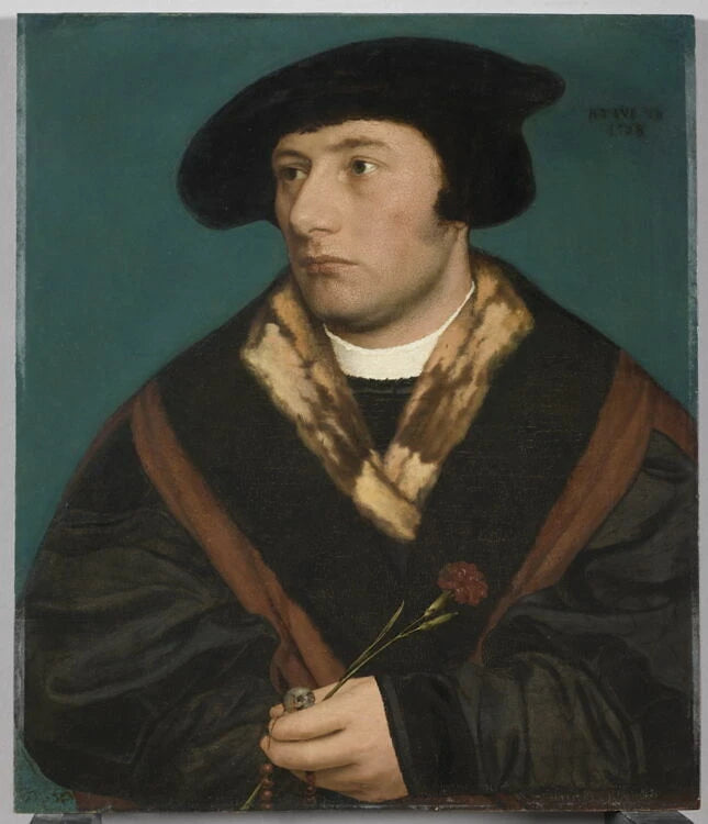 Portrait d'homme âgé de vingt-cinq ans, tenant un œillet et un chapelet orné d'une petite tête de mort sculptée. - Christoph Amberger