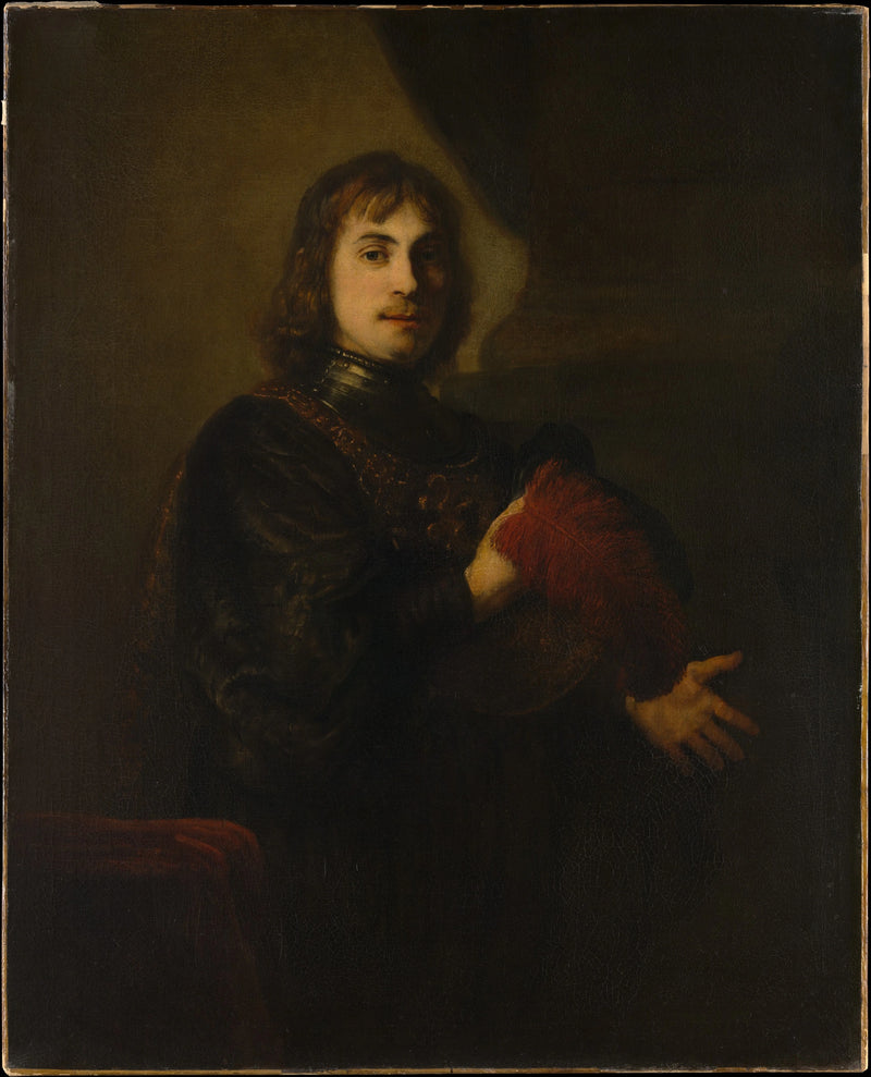 Portrett av en mann med brystplate og fjærhatt - Rembrandt
