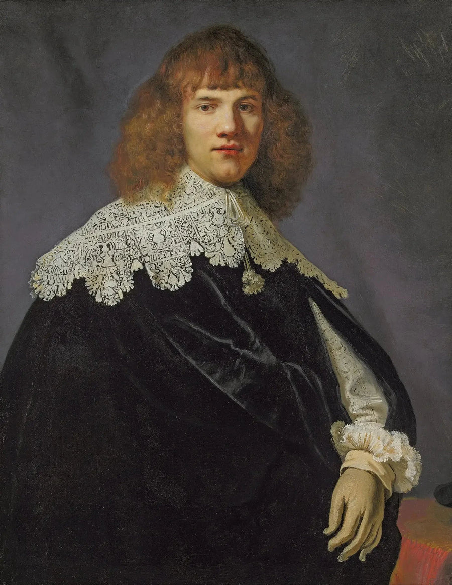 Portrett av en gentleman, til midjen, iført en svart fløyelsfrakk med krage og mansjetter i hvitt blonder - Rembrandt