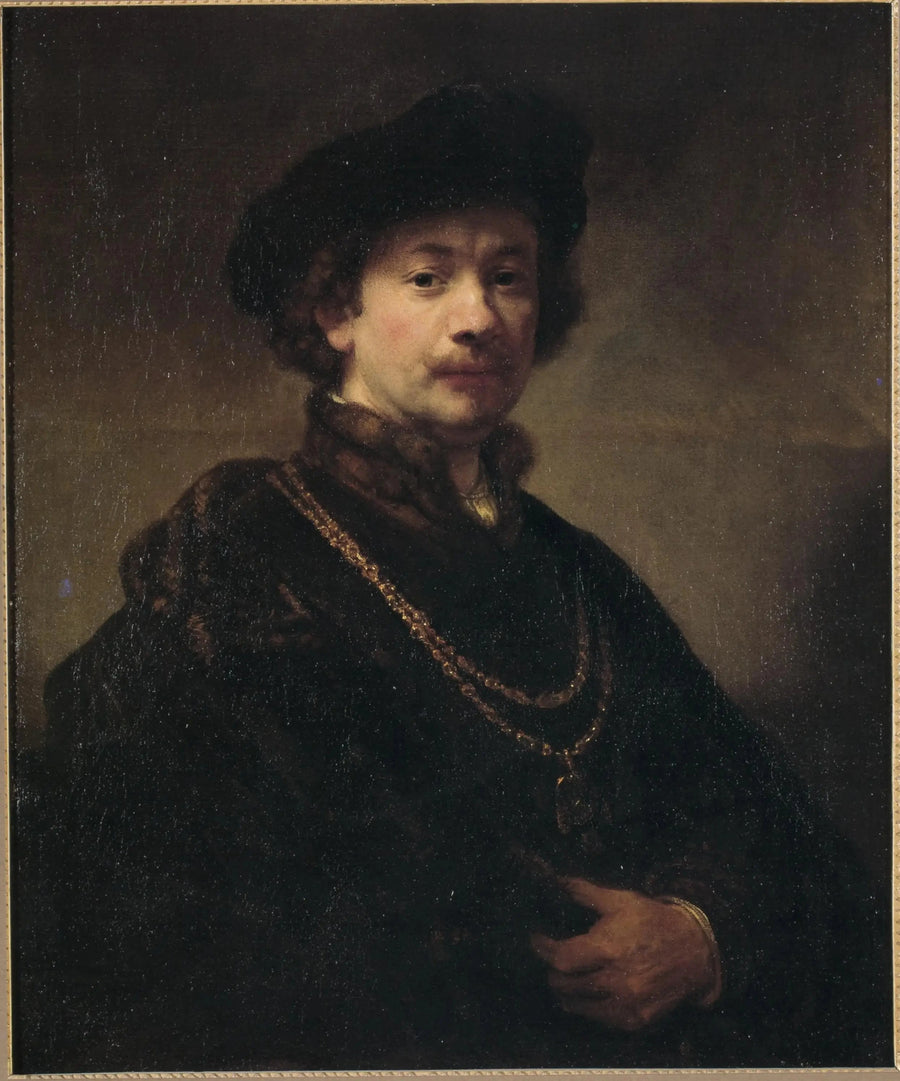 Selvportrett med en beret, en gullkjede og en medalje - Rembrandt