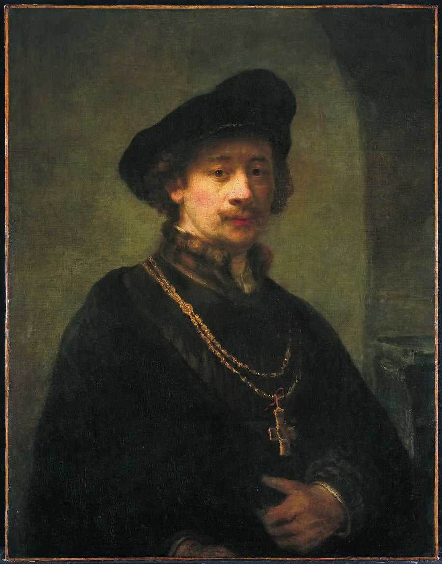 Selvbilde med beret, gullkjede og stav - Rembrandt