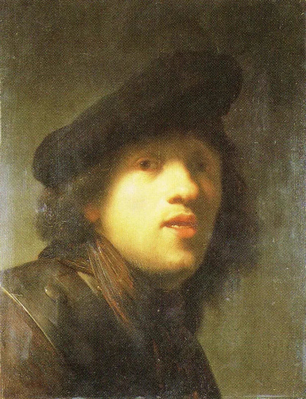 Selvportrett med en jordbær og en beret - Rembrandt