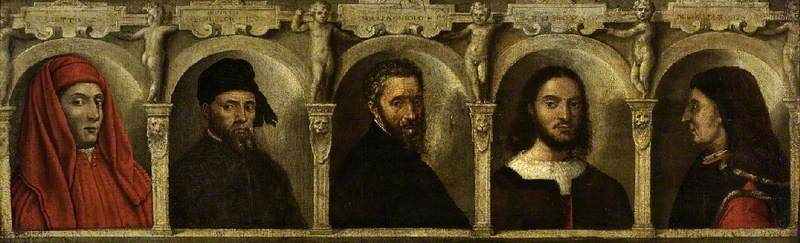 Portretter av fem kunstnere, Giotto, Donatello, Michelangelo, Raphael og Brunelleschi - Francesco Salviati