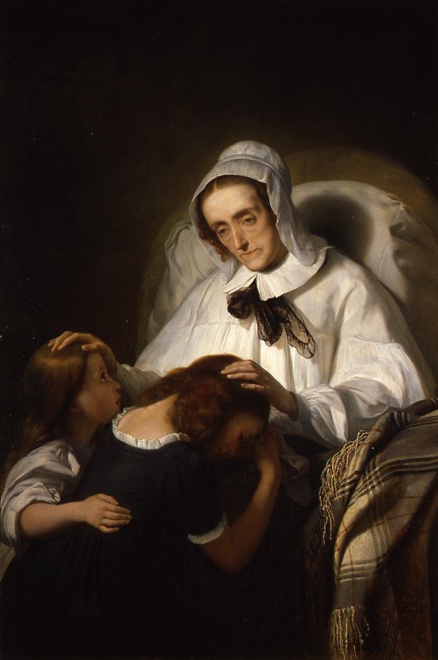 Portret van Cornelia Scheffer-Lamme die haar kleinkinderen zegent - Ary Scheffer image 1 copie peinte à la main à l’huile