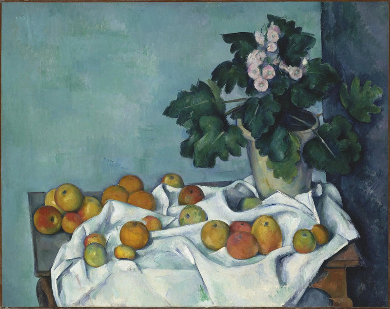 Potte med primulaer og frukt på et bord - Paul Cézanne