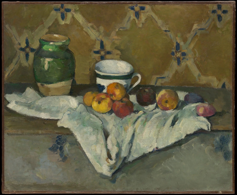 Keramikk, kopp og frukt på et hvitt duk - Paul Cézanne