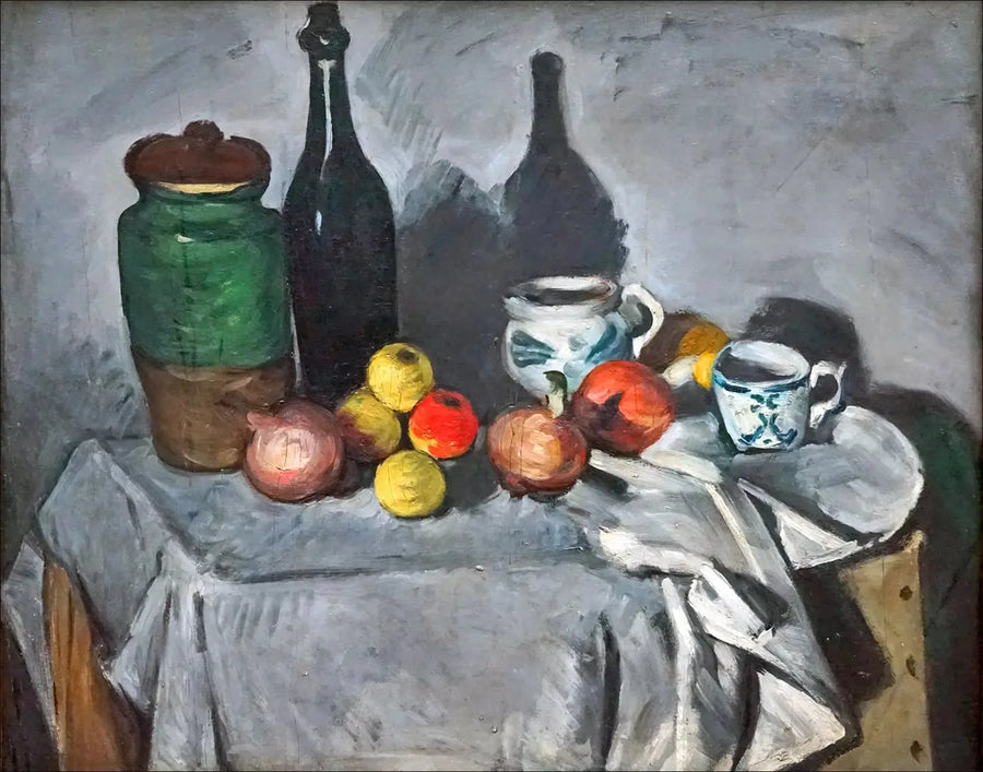 Potte, flaske, kopp og frukt - Paul Cézanne