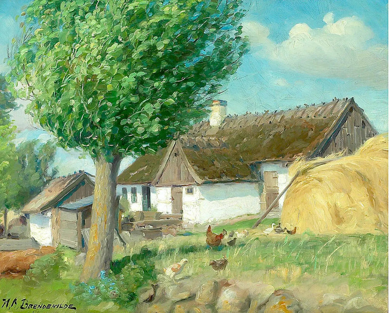 Kyllinger foran en gård med stråtak. - H. A. Brendekilde

Source:
Poules devant une ferme au toit de chaume. - H. A. Brendekilde