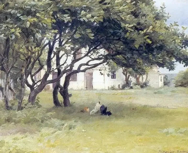 Høner under trærne på Madame Bendsens gård - Peder Severin Krøyer