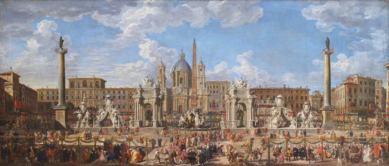Préparation du feu d'artifice et de la décoration de la fête donnée sur la place Navone, à Rome, le 30 novembre 1729, à l'occasion de la naissance du Dauphin - Giovanni Paolo Panini