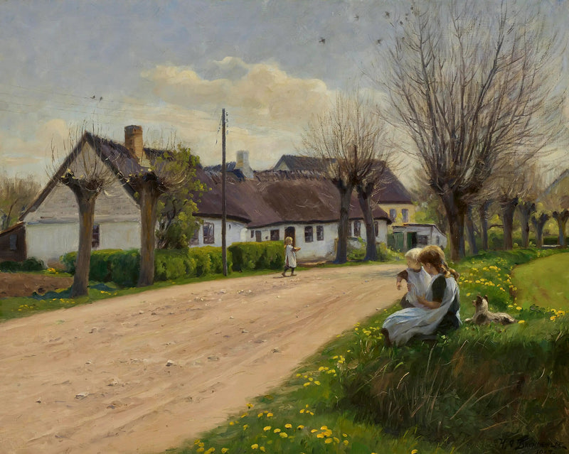 Vår i en landsby med jenter ved veikanten. - H. A. Brendekilde

Source:
Printemps dans un village avec des filles au bord de la route. - H. A. Brendekilde