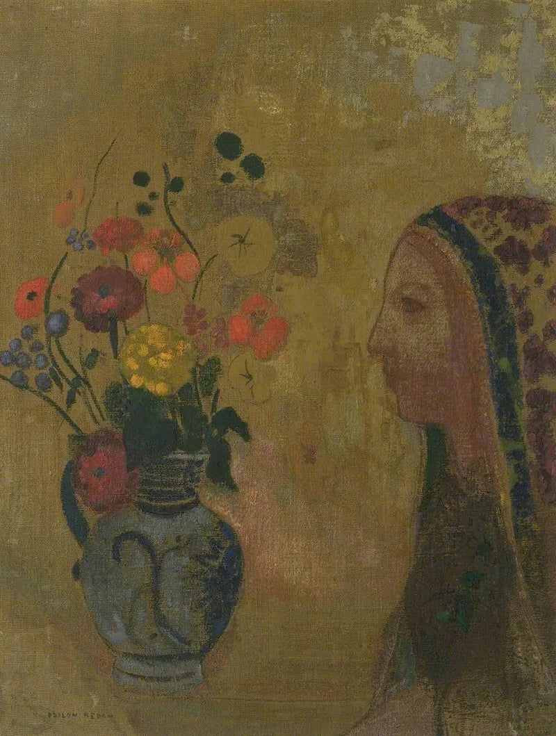 Kvinneprofil med blomsterkrukke - Odilon Redon