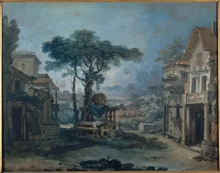 Prosjekt for en teaterdekorasjon: et landsbytorv - François Boucher
