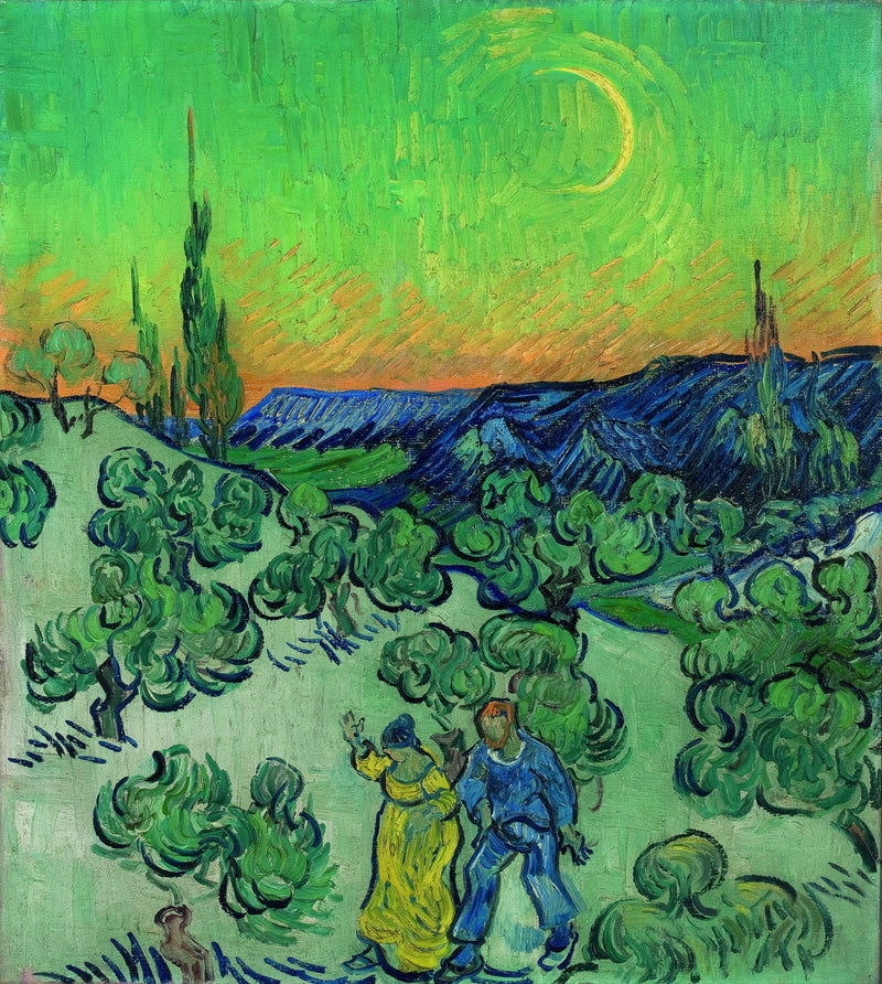 Landskap med et par som går og en halvmåne - Vincent van Gogh