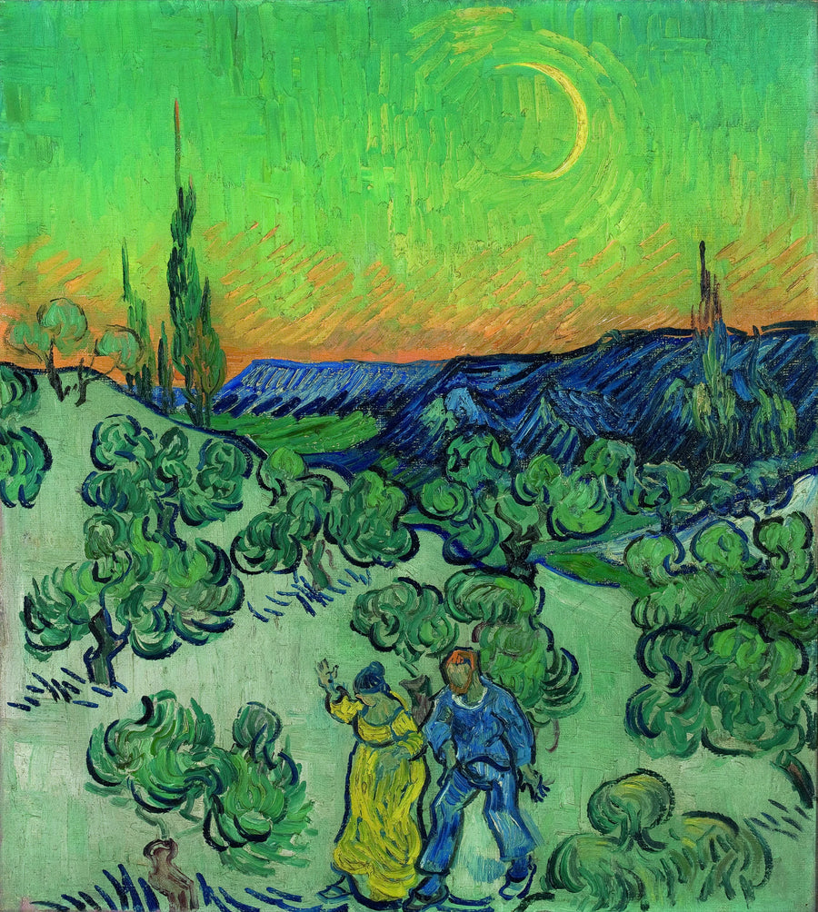 Landskap med et par som går og en halvmåne - Vincent van Gogh