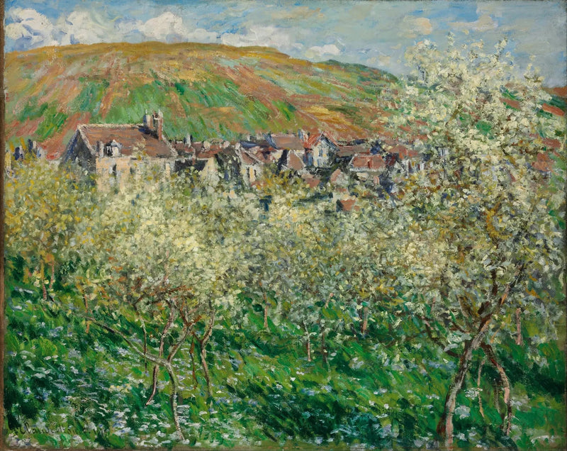 Plommetrær i blomst i Vétheuil W520 - Claude Monet