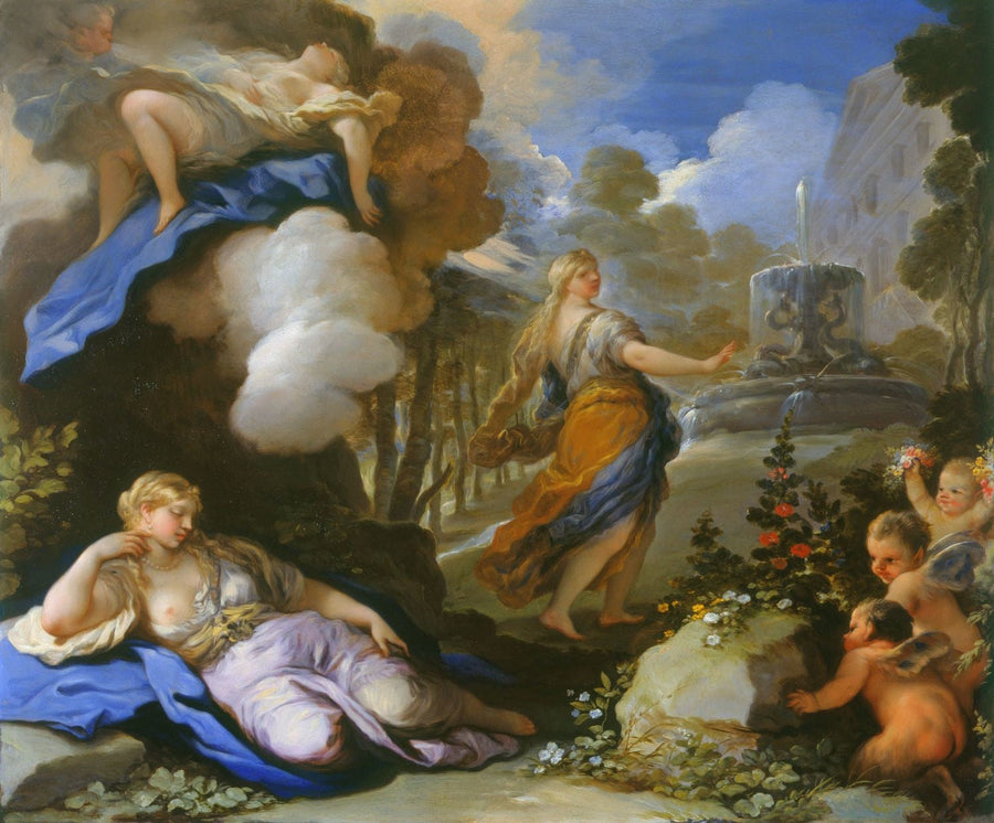 Psyché transportert og oppdager Cupids palass - Luca Giordano