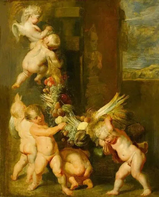 Putti som bærer en blomsterkrans av frukt - Peter Paul Rubens