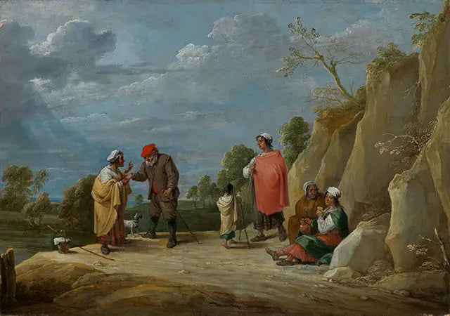 Fire sigøynere med et barn, den ene av dem forutsier en god framtid for en bonde - David Teniers den Yngre

Source:
Quatre gitans avec un enfant, l'un d'eux prédisant la bonne aventure à un paysan - David Teniers le Jeune