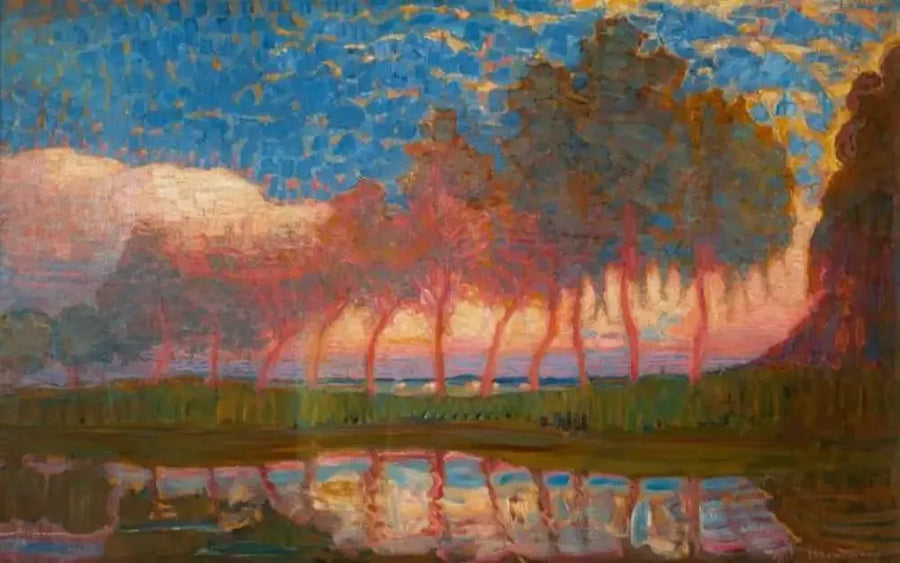 Rad av elleve røde, gule, blå og grønne popler - Piet Mondrian