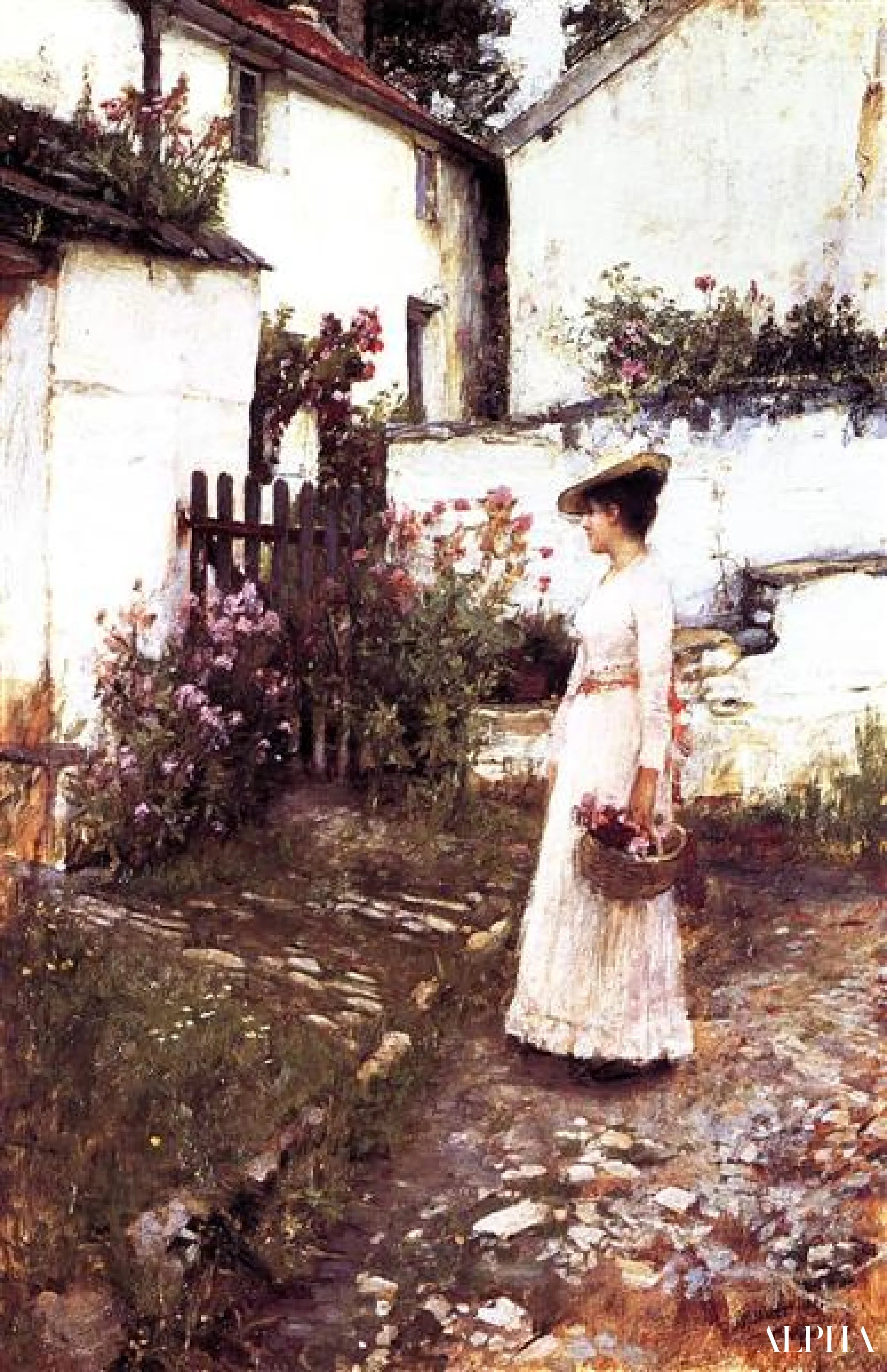 Reproduction du tableau « Rassembler des fleurs d'été dans un jardin du Devonshire - John William Waterhouse » par Alpha Reproduction en peinture à l’huile