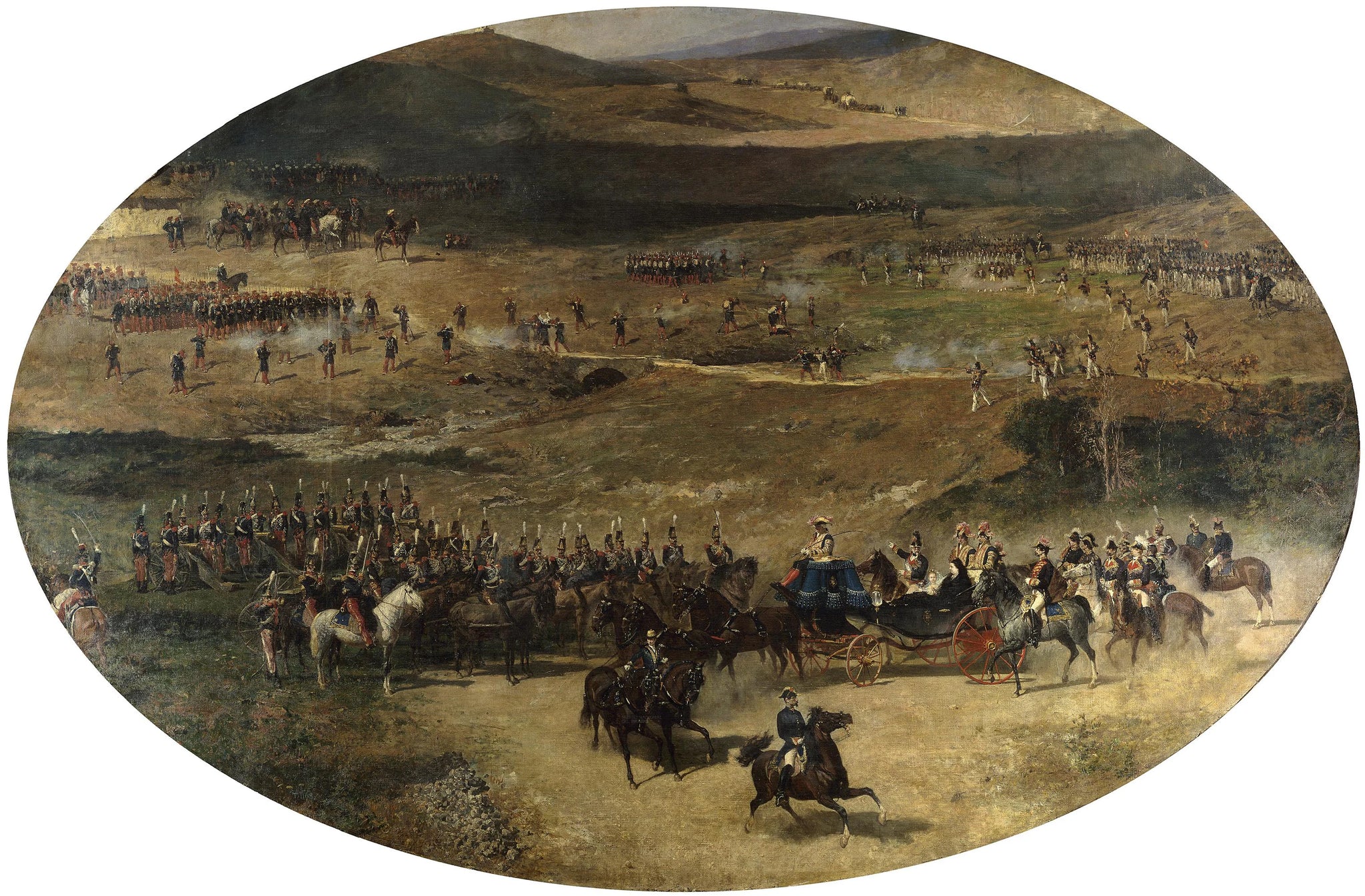 La reine María Cristina et sa fille Isabel II passant en revue les batteries d'artillerie défendant Madrid en 1837 - Marià Fortuny
