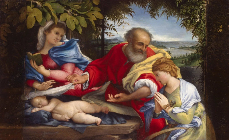 Hvile under flukten til Egypt med helgen Justina - Lorenzo Lotto