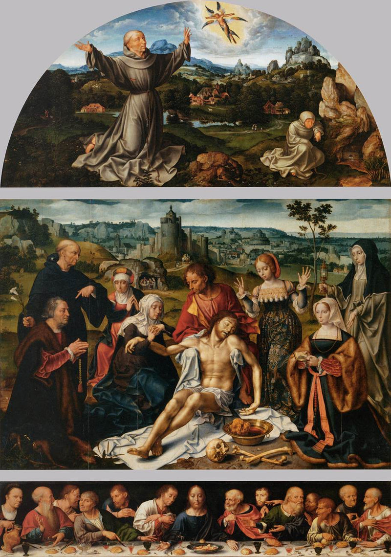 Kristi sorgeduk: Kristi sorgeduk (midtre panel) ; Saint Franciskus' stigmatisering (linse) ; Nattverden (predella) - Joos van Cleve