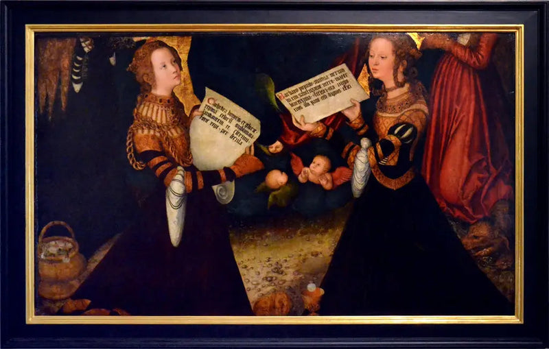 Prag-altarret [midtre panel, fragment]: Saint Katarina og Saint Barbara med fragmenter av figurene til Saint Dorothea og Saint Margareta - Lucas Cranach den eldre