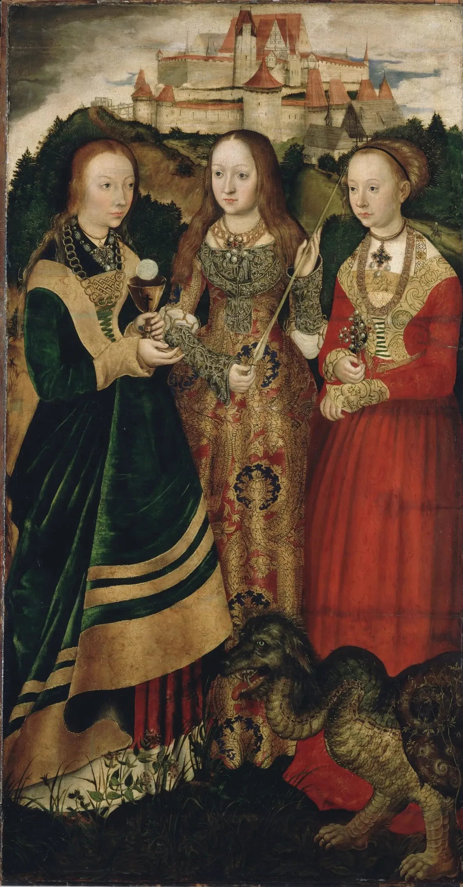 Retabel av den hellige Catherine martyr: den hellige Barbara, den hellige Ursula, den hellige Margareta [høyre fløy, forside] - Lucas Cranach den eldre