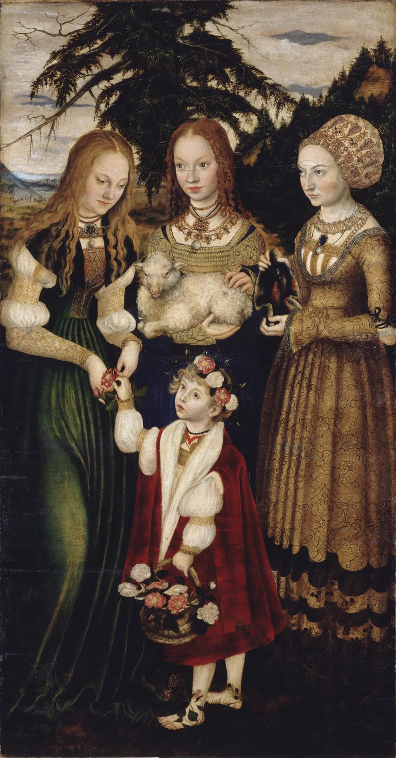 Retabel av den hellige Katerinas martyrium: helgen Dorothea, helgen Agnes, helgen Cunegonde [venstre fløy, forside] - Lucas Cranach den eldre
