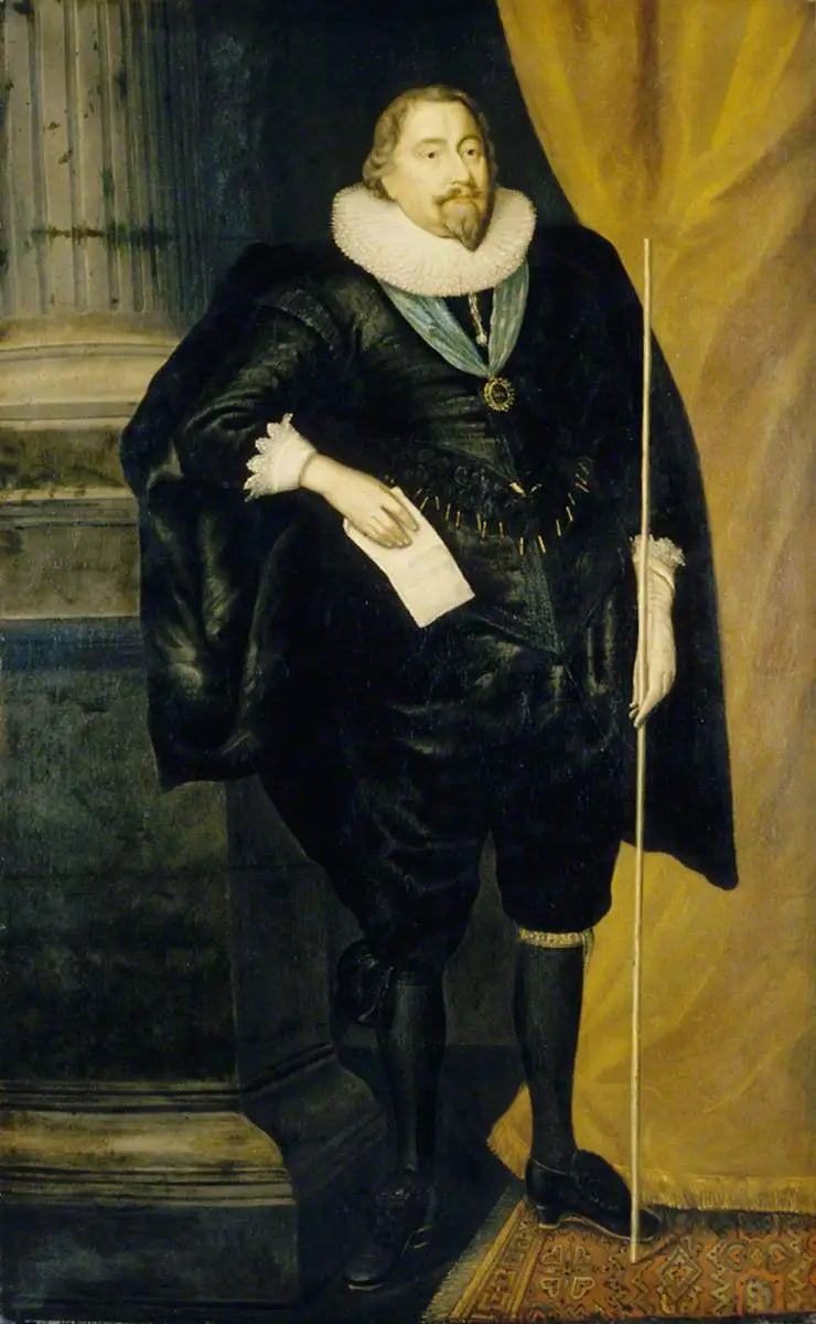 Richard Weston (1577–1635), 1. jarl av Portland, diplomat, kansler for Skattkammeret og Stor skatte- og tollmester

Source:
Richard Weston (1577–1635), 1er comte de Portland, diplomate, chancelier de l'Échiquier et Lord Grand Trésorier - Antoine van Dyck