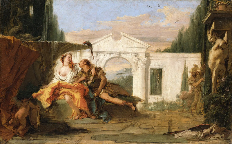 Rinaldo og Armida i den magiske hagen til Armida, lyttet av Carlo og Ubaldo - Giovanni Battista Tiepolo