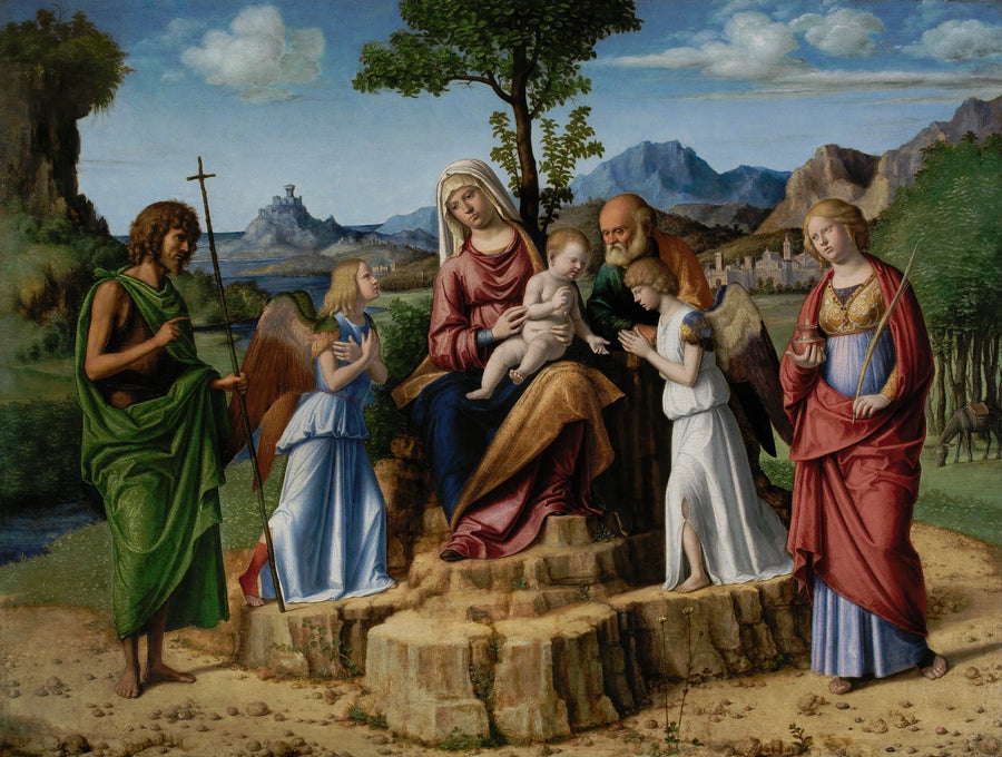 Riposo pendant la fuga en Égypte avec les saints Giovanni Battista et Lucia - Cima da Conegliano
