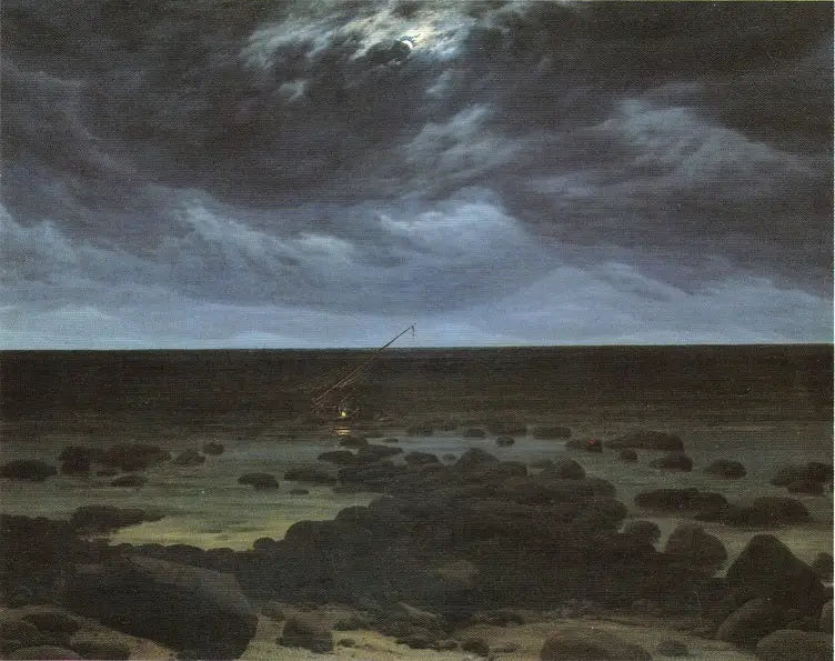 Kystlinje med forlist båt i måneskinn - Caspar David Friedrich