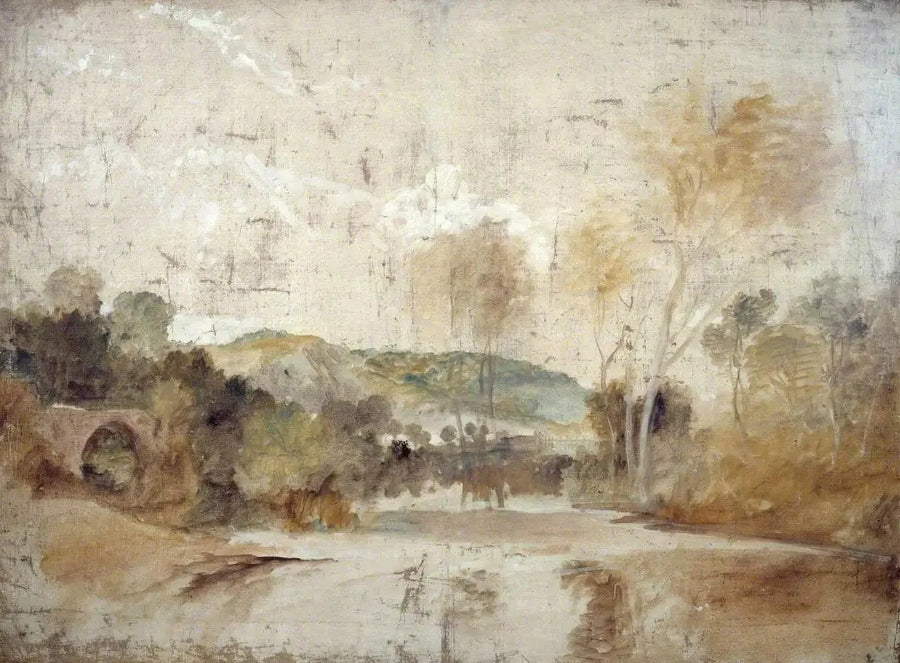 Elvlandskap med demning i mellomavstand - J. M. W. Turner