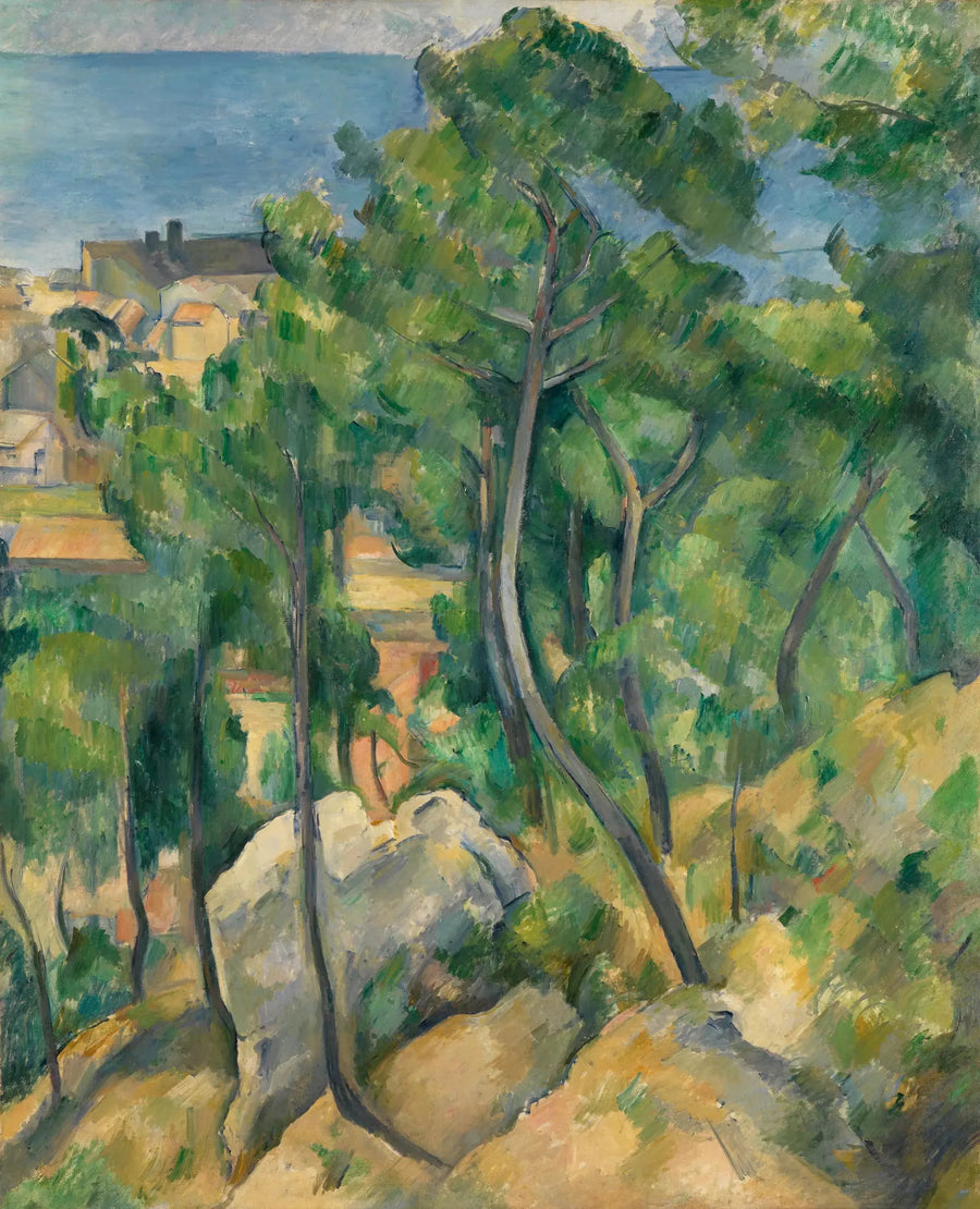Steiner, furutrær og hav ved L'Estaque - Paul Cézanne