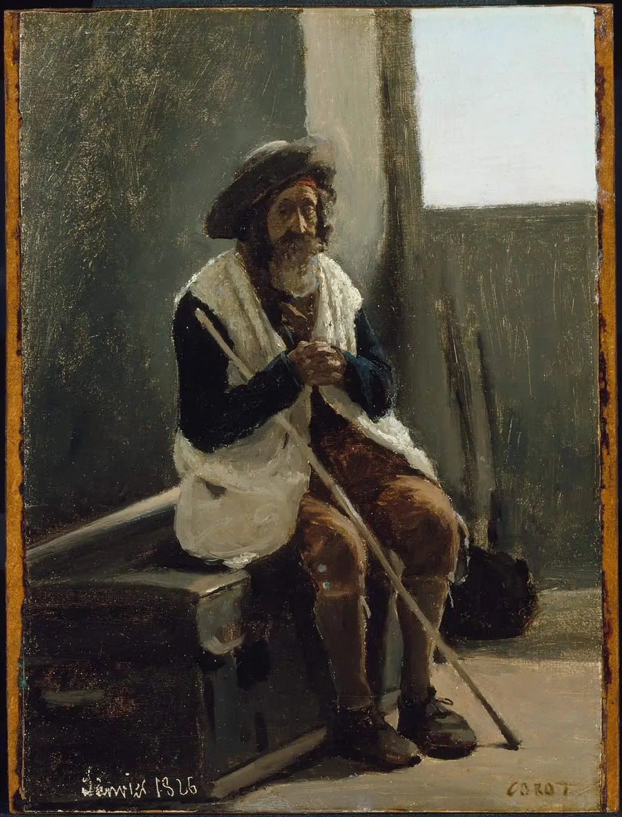 Roma, gammel mann sittende på en kiste tilhørende Corot - Jean-Baptiste Camille Corot
