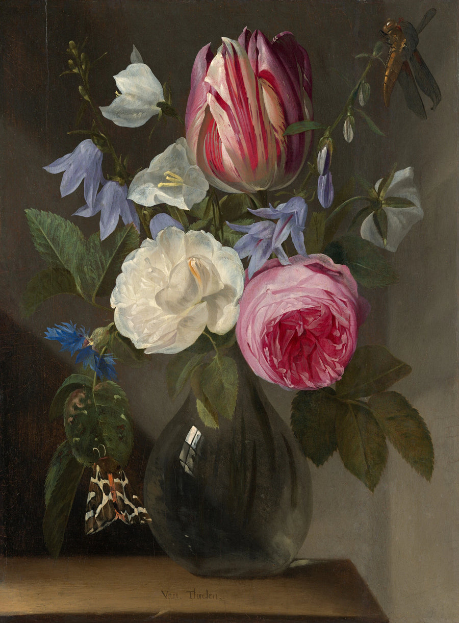 Roses et tulipes dans un vase en verre - Jan Philips van Thielen