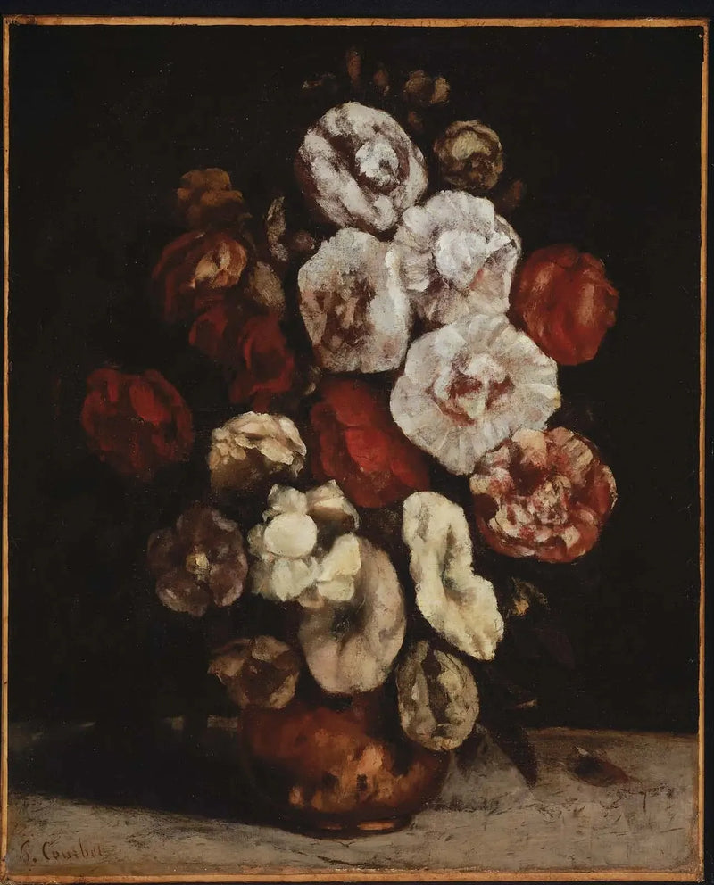 Røde blomster i en kobberskål - Gustave Courbet
