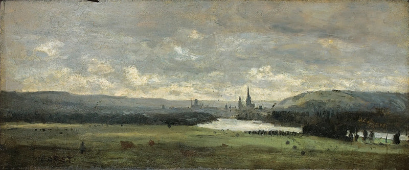 Rouen, en panoramautsikt over Seinen i forgrunnen - Jean-Baptiste Camille Corot