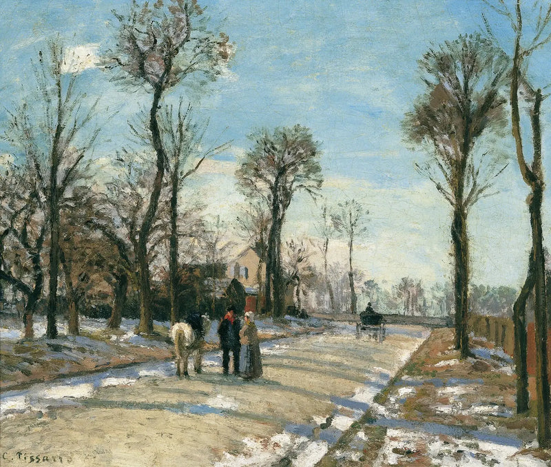 Route de Versailles, Louveciennes, sol og snø om vinteren - Camille Pissarro