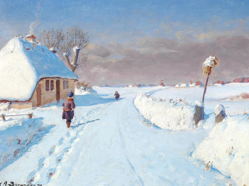 Solrik gate ved landsbyens utkant, vinter (32 x 42 cm). - H. A. Brendekilde

Source:
Route ensoleillée à la lisière d'un village, hiver (32 x 42 cm). - H. A. Brendekilde