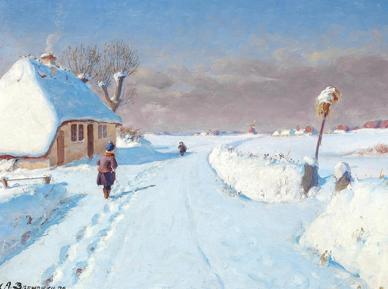 Solrik gate ved landsbyens utkant, vinter (32 x 42 cm). - H. A. Brendekilde

Source:
Route ensoleillée à la lisière d'un village, hiver (32 x 42 cm). - H. A. Brendekilde
