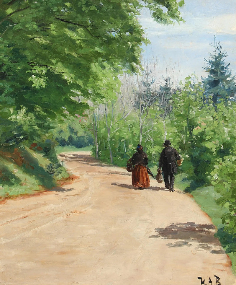 Vei i skogen om våren med et par som går. - H. A. Brendekilde

Source:
Route forestière printanière avec un couple en marche. - H. A. Brendekilde