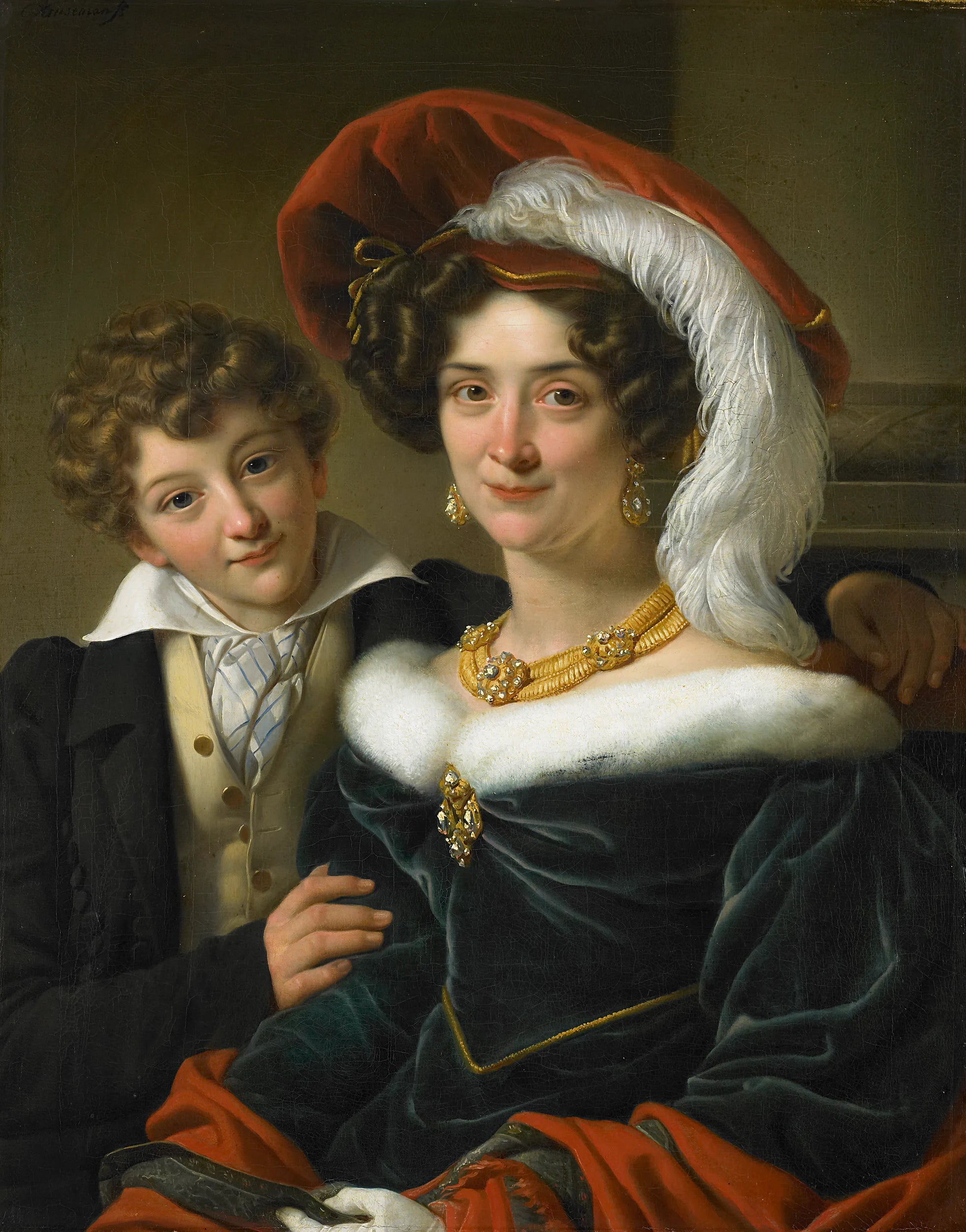 Rudolphina Wilhelmina Elizabeth de Sturler (1798-1873). Deuxième épouse du comte Johannes van den Bosch avec leur fils Richard Leeuwenhart - Cornelis Kruseman