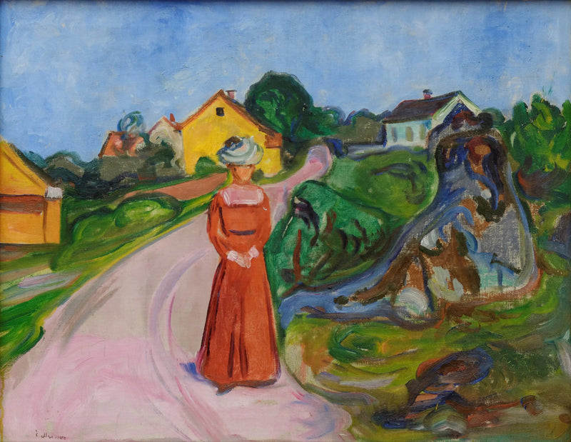 Åsgårdstrand Street and Woman in Red Dress - Edvard Munch