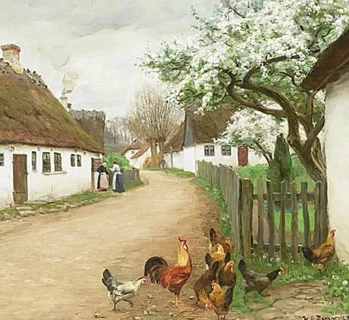 Gaten i landsbyen med høner og to kvinner som snakker. - H. A. Brendekilde

Source:
Rue du village avec des poules et deux femmes qui discutent. - H. A. Brendekilde