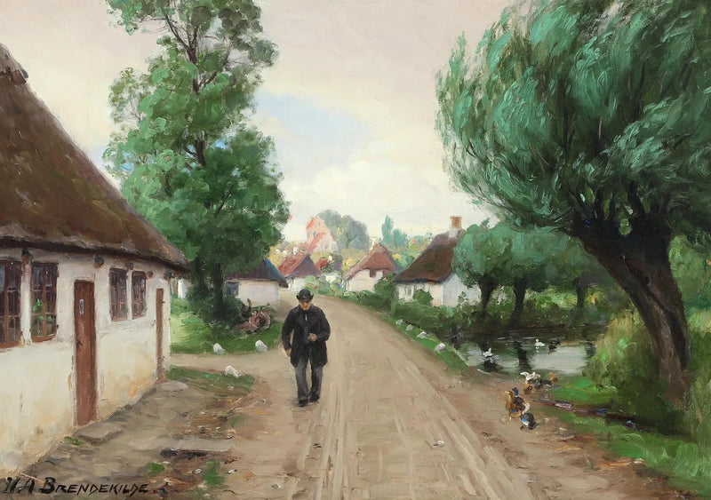 Gate ved landsbyen med mann og ender ved bredden av dammen. - H. A. Brendekilde

Source:
Rue du village avec homme et canards au bord de l'étang. - H. A. Brendekilde
