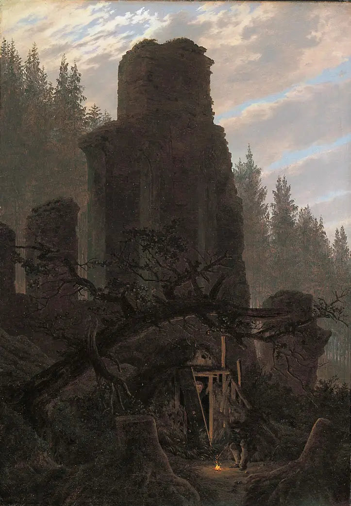 Ruiner ved skumring (Ruine av kirken i skogen) - Caspar David Friedrich